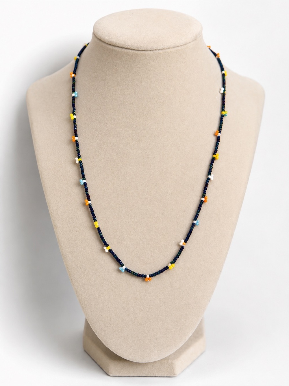 Black Beaded Necklace Yellow White Beads Handmade Unique Artisan Jewelry Gift - Picture 1 of 4